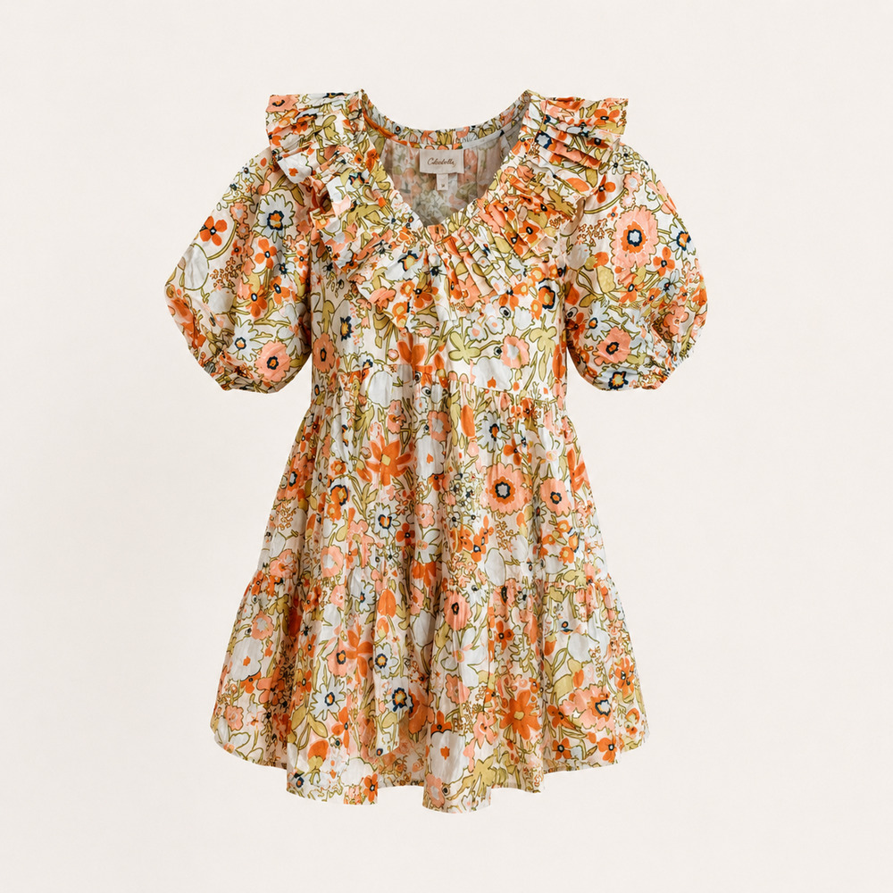 Cleobella Farrah Retro Floral Organic Cotton Ruffle Puff Sleeve Mini Dress M